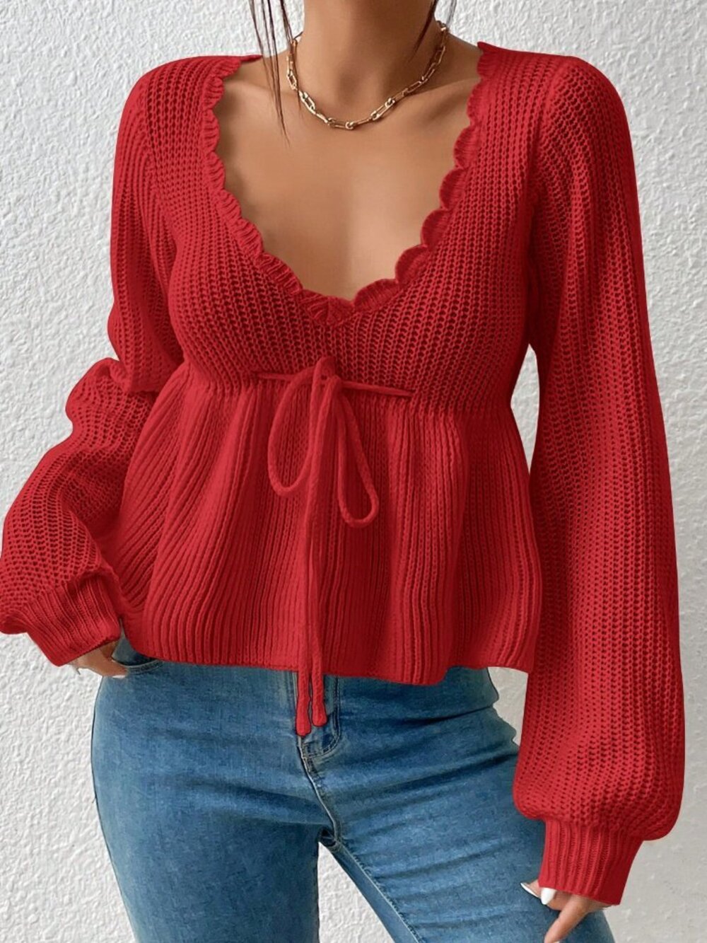 Red Casual Women's Long Sleeve V-Neck Pullover Sweater